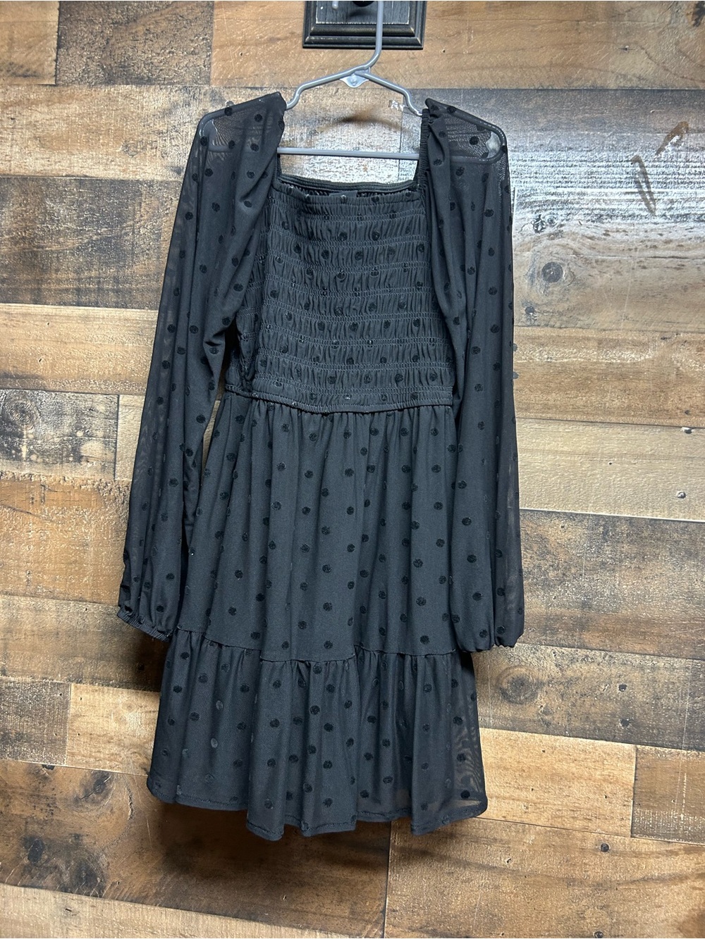 Classic Black Dot-Textured Smocked Long Sleeve Kids Dress